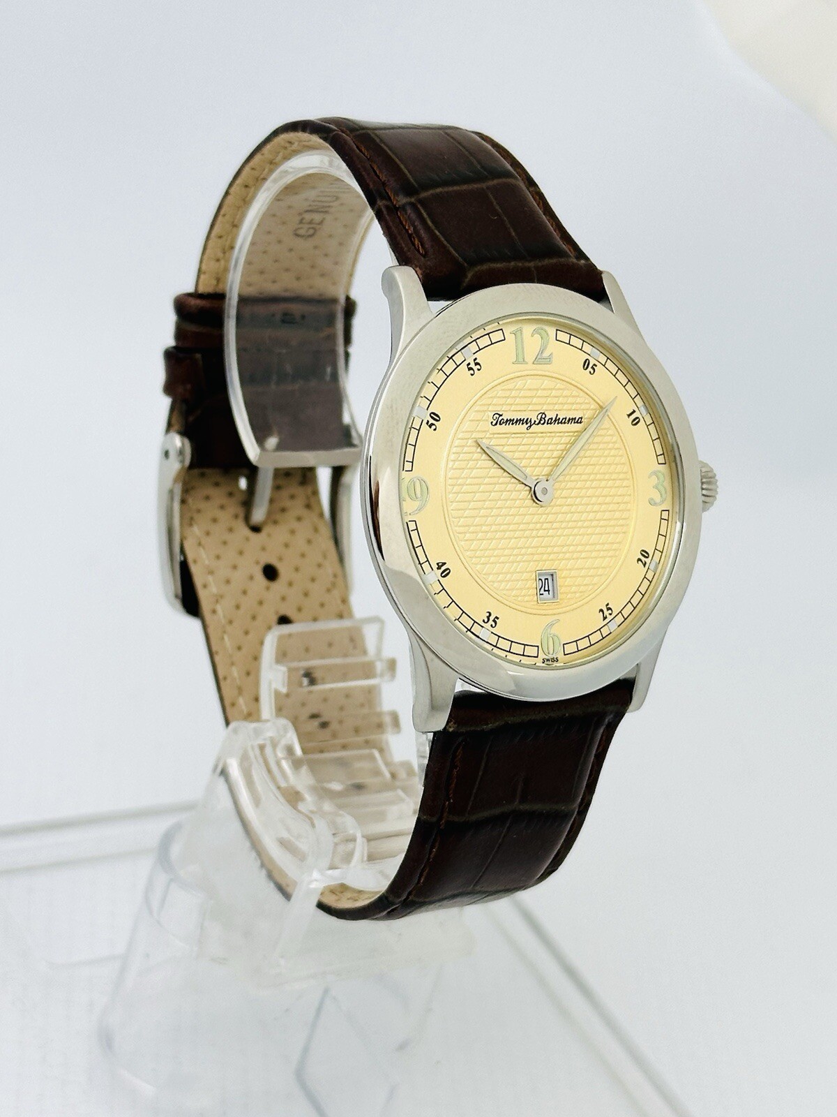 Tommy Bahama TB1051 Pineapple Dial Brown Croco Texture Leather Ultra Slim Watch