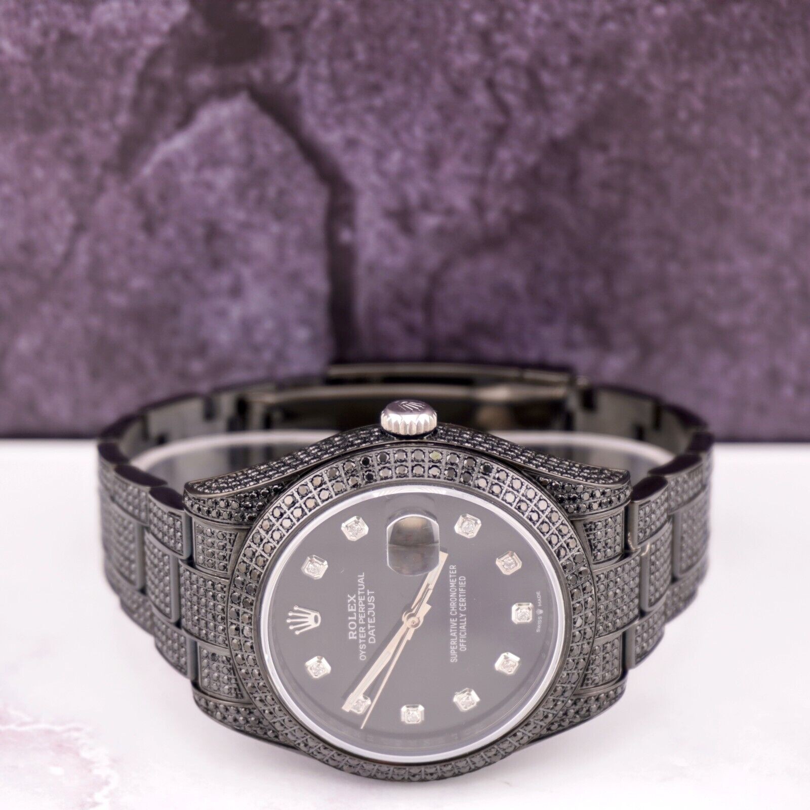 Rolex Men’s Datejust 41mm Black Iced Out 10ct Diamonds Oyster Steel Watch 116300