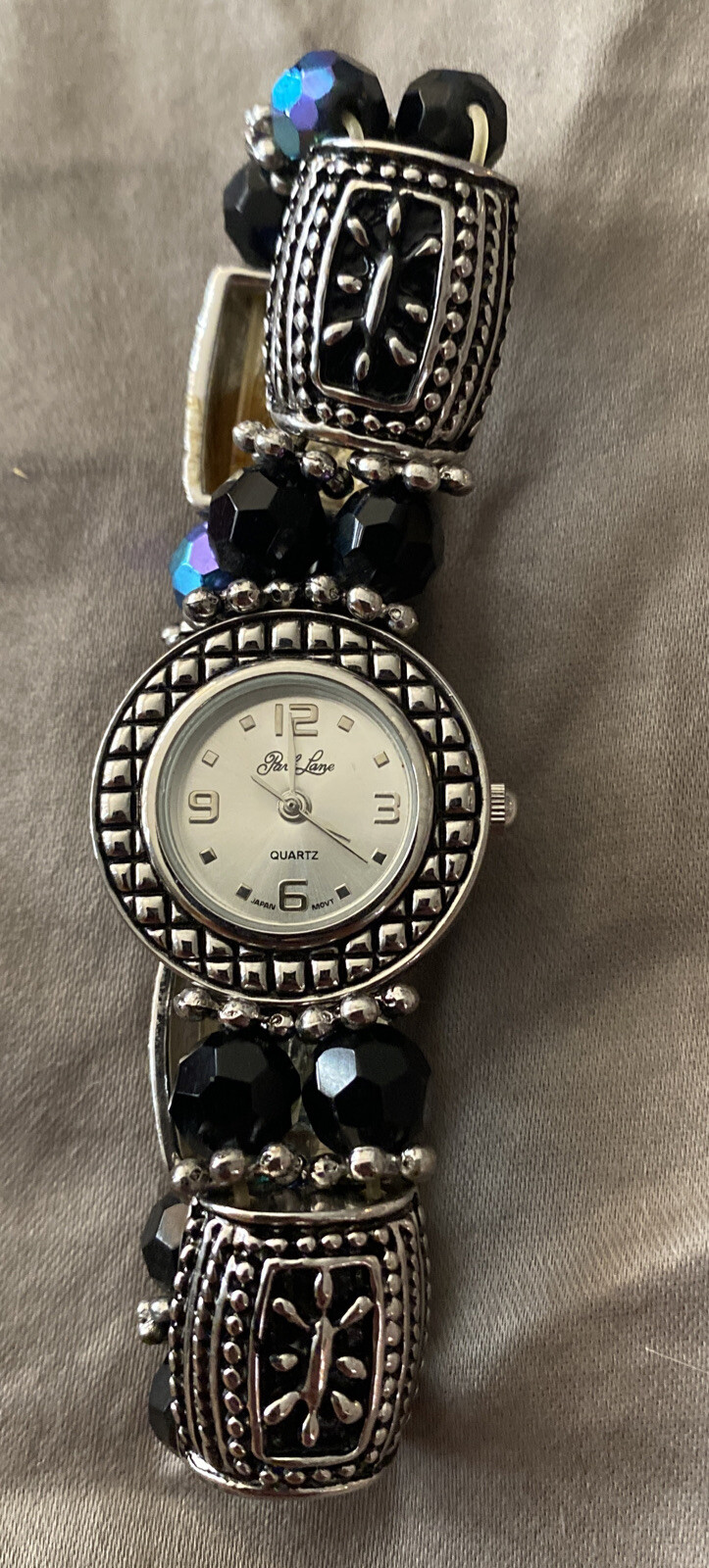 Stretch Bracelet Watch 7” To 8” Black Silver Beaded Band