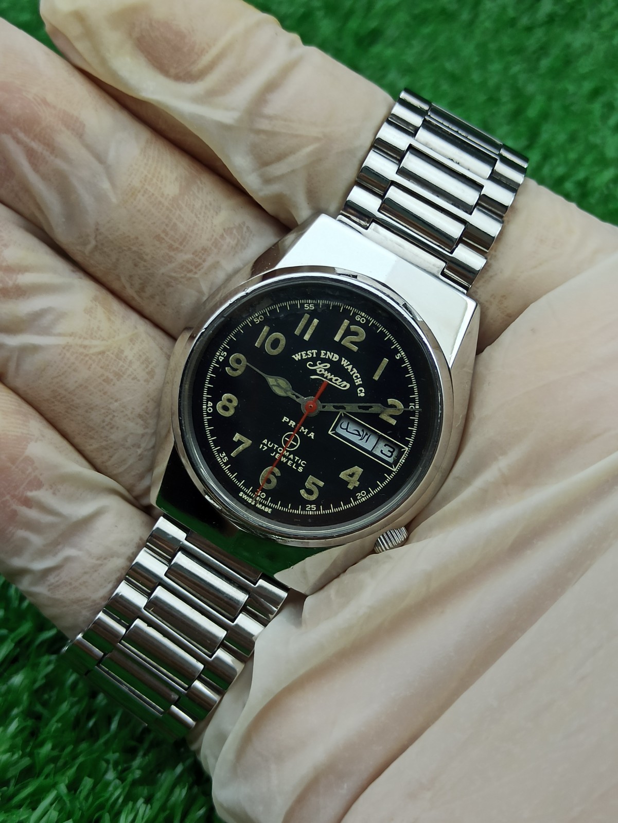 Vintage West End Watch Co Sowar Prima Automatic 17J Swiss Mens Black Dial Watch