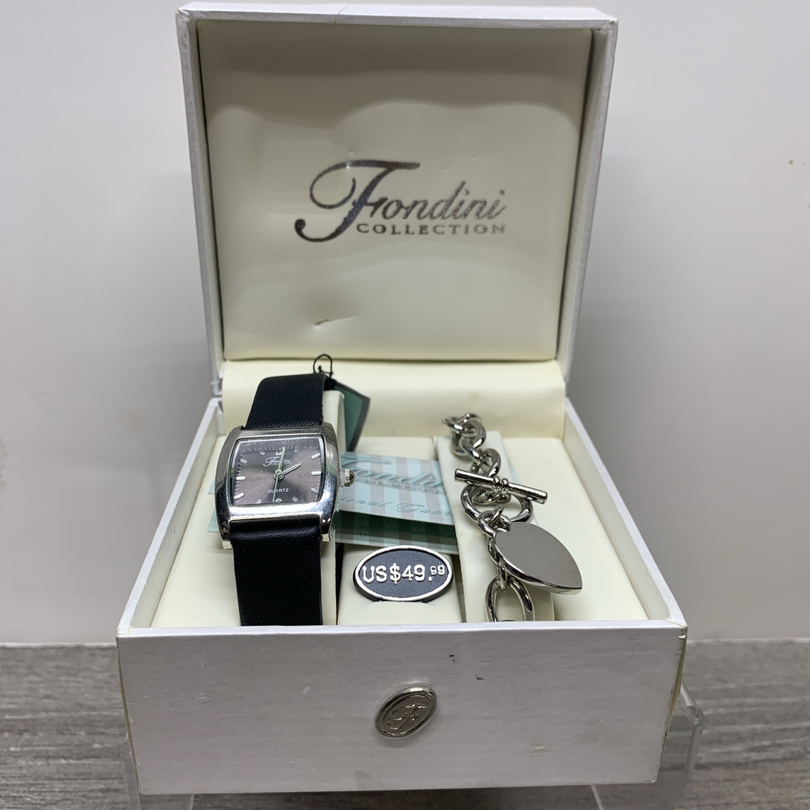 Vtg FONDINI Quartz Wrist Watch & Bracelet Set GENUINE LEATHER Black Band