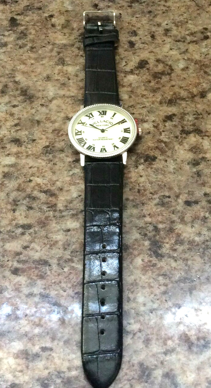 Vellacio New York Men’s Watch Round Pearl Dial Roman Numeral Black Leather Band!