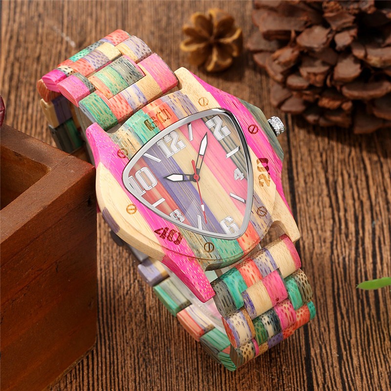 Casual Men’s Wooden Quartz Wrist Watch Triangle Shape Adjustable Bracelet reloj