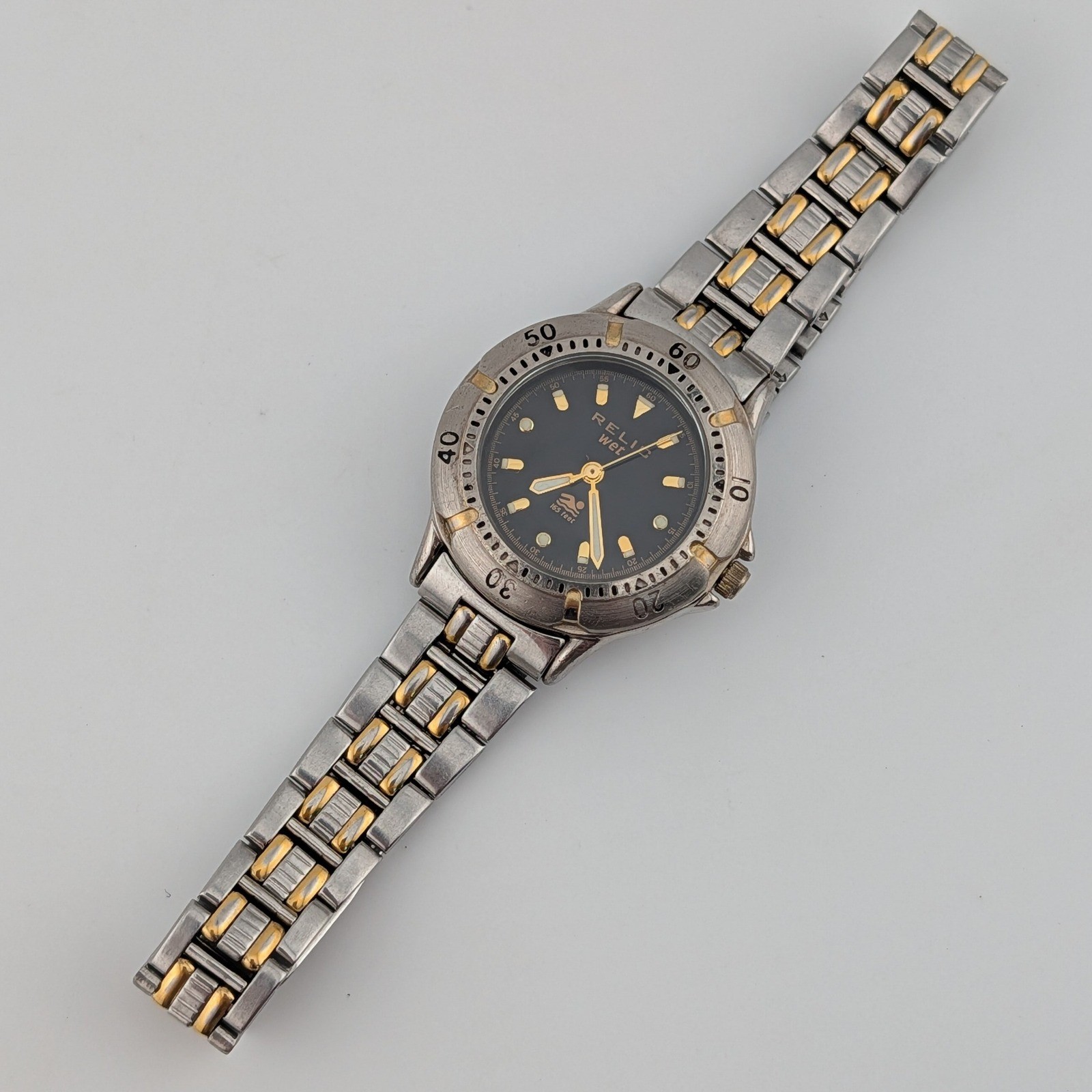 Relic Wet Diver Style Quartz Women’s Watch Two Tone Rotating Bezel Black Dial
