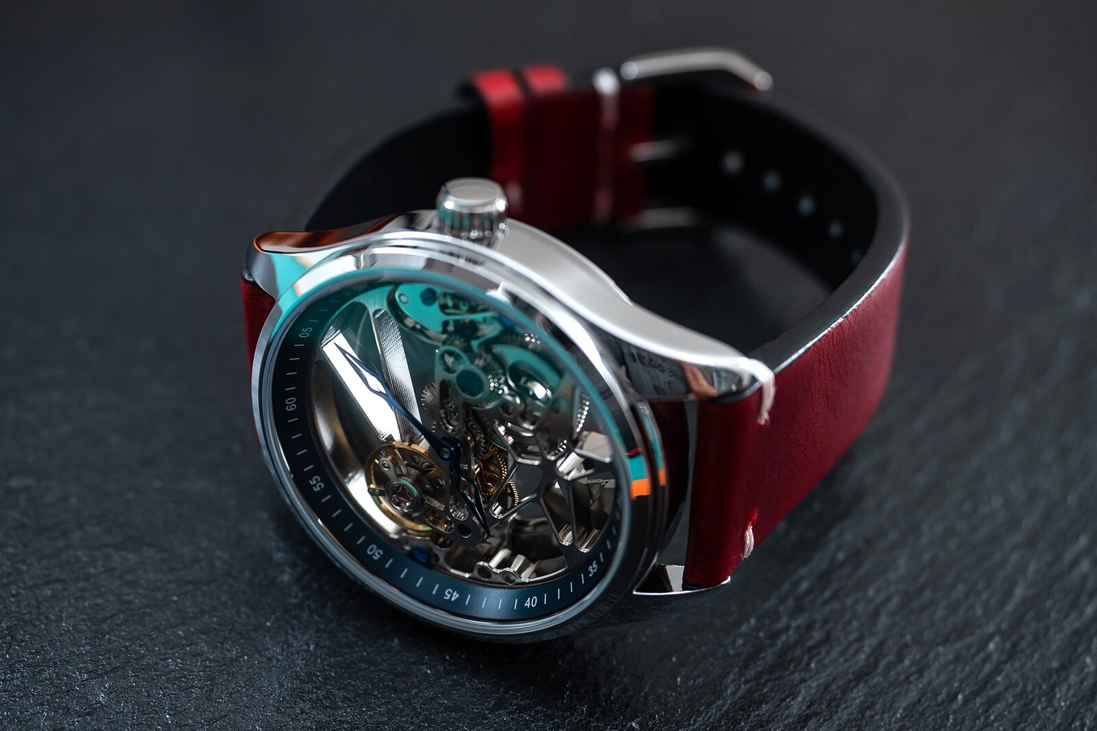 Mens Automatic Mechanical Watch Silver Red Oil Waxed Vintage Style Leather