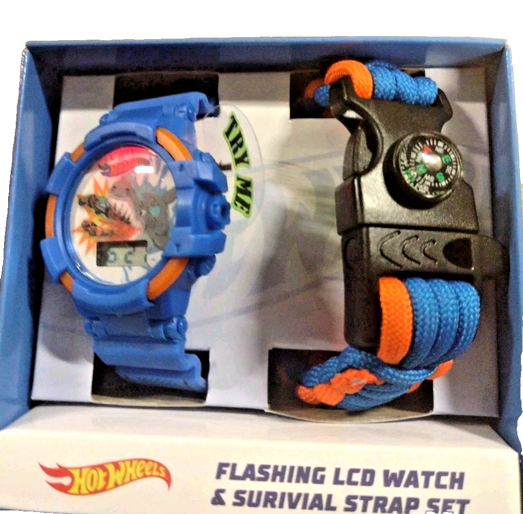 Flashing LCD Watch & Survival Strap Set Compass 2022 Mattel Hot Wheels Kids T13