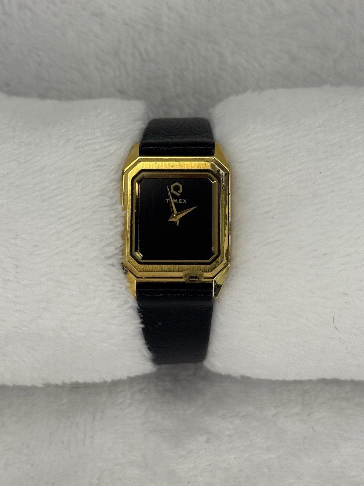 Vintage Timex Quartz Rectangle Watch Gold Tone Case Black Leather Strap