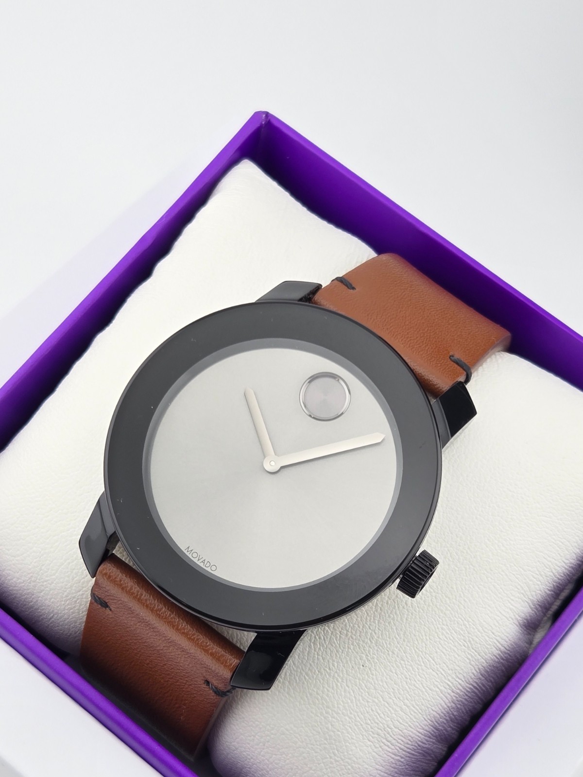 $395 MSRP | Movado Bold Men’s Gray Dial Brown Leather Watch – 3600442