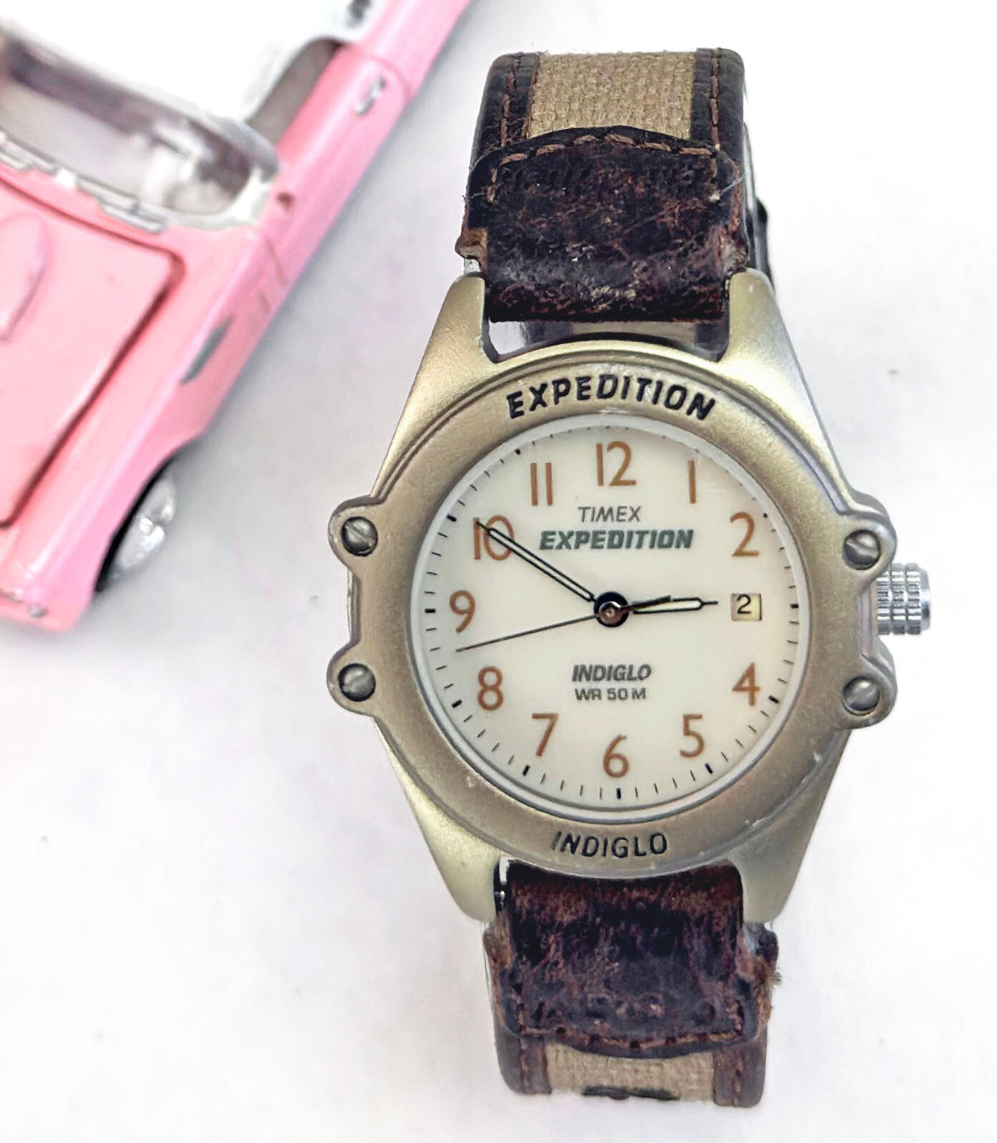 Timex Expedition INDIGLO Gold Tone Leather-Nylon Strap Date 30mm Analog Watch