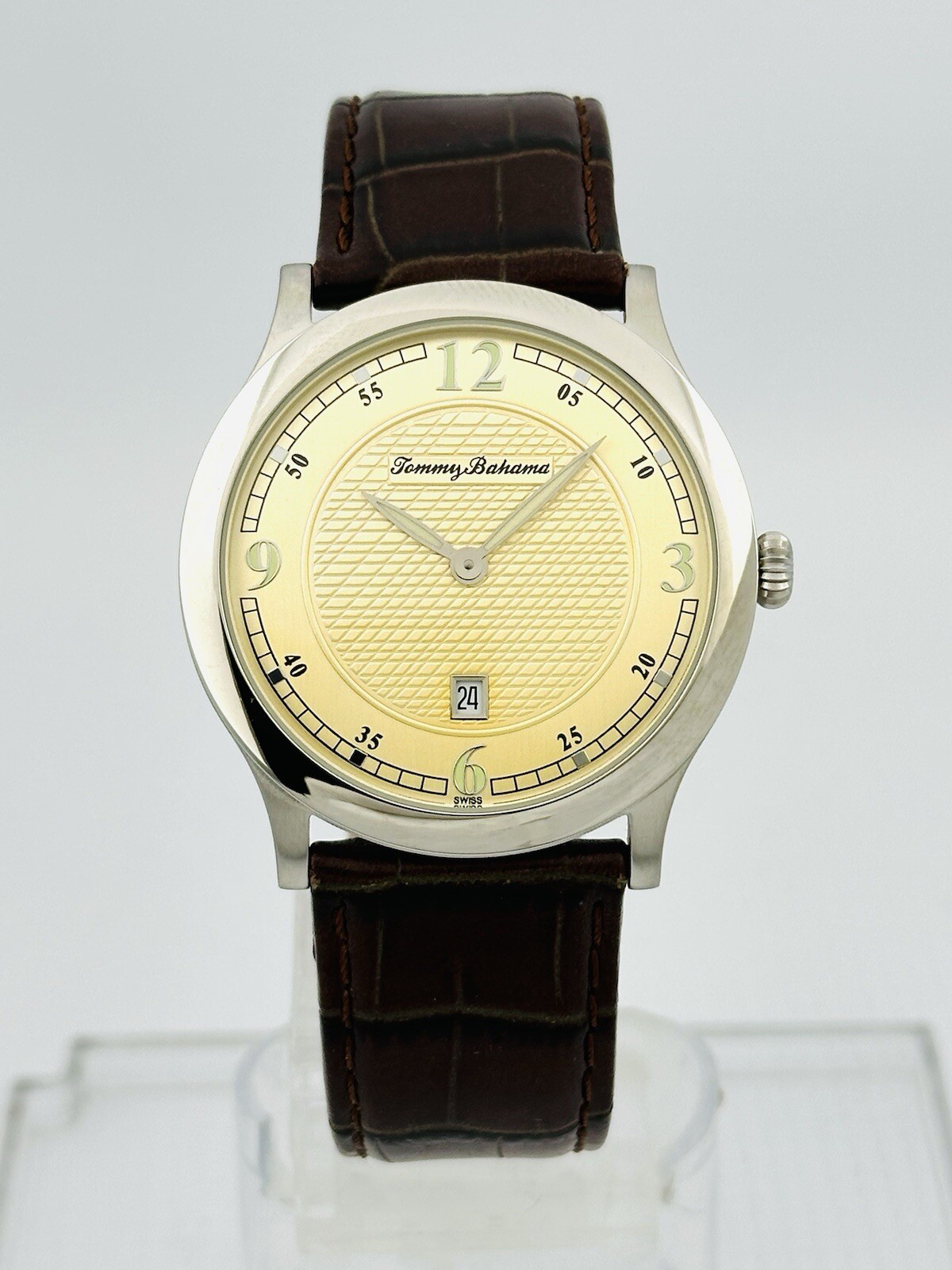 Tommy Bahama TB1051 Pineapple Dial Brown Croco Texture Leather Ultra Slim Watch