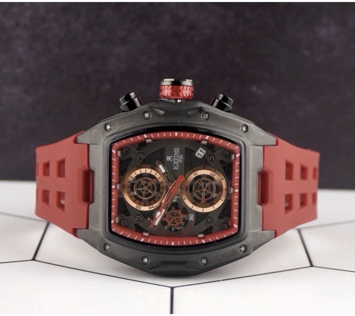 ICETIME IT23 Men’s Quartz Tonneau Analog Watch Date Red Rubber Strap Box