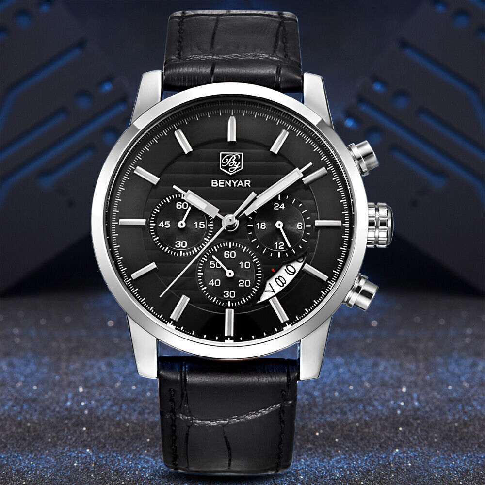 BENYAR Quartz Watch for Men Sports Chronograph Watch Waterproof Leather Strap