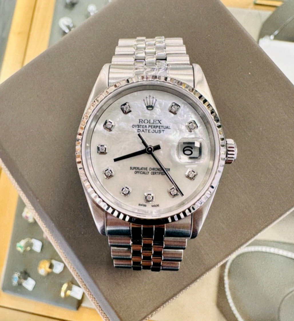 Rolex Datejust 16234 36mm MOP Diamond Dial 18k White Gold Bezel Watch SERVICED