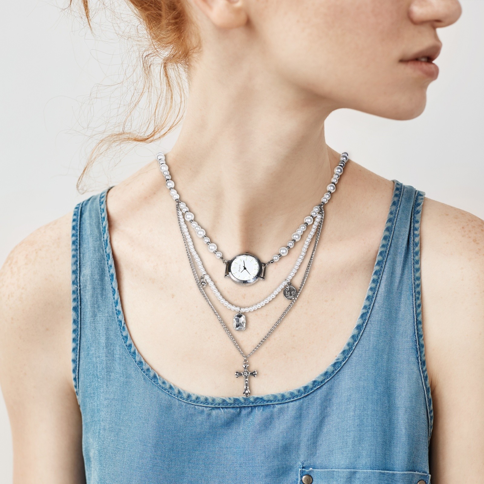 3 Layers Necklace Watch Analog Quartz Cross Faux Pearl Choker Womens WristWatch