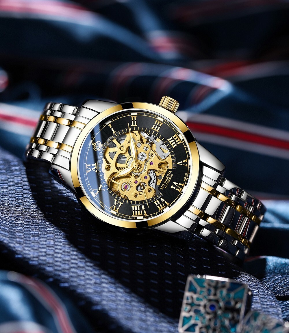 Fashion Men’s Skeleton Self-wind Automatic Mechanical Watch Steampunk Gold-black