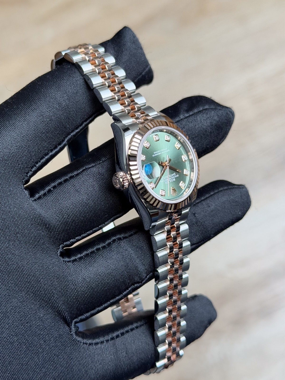 Rolex Datejust 28 Olive Green Diamond Fluted Jubilee Preowned 2019 279171
