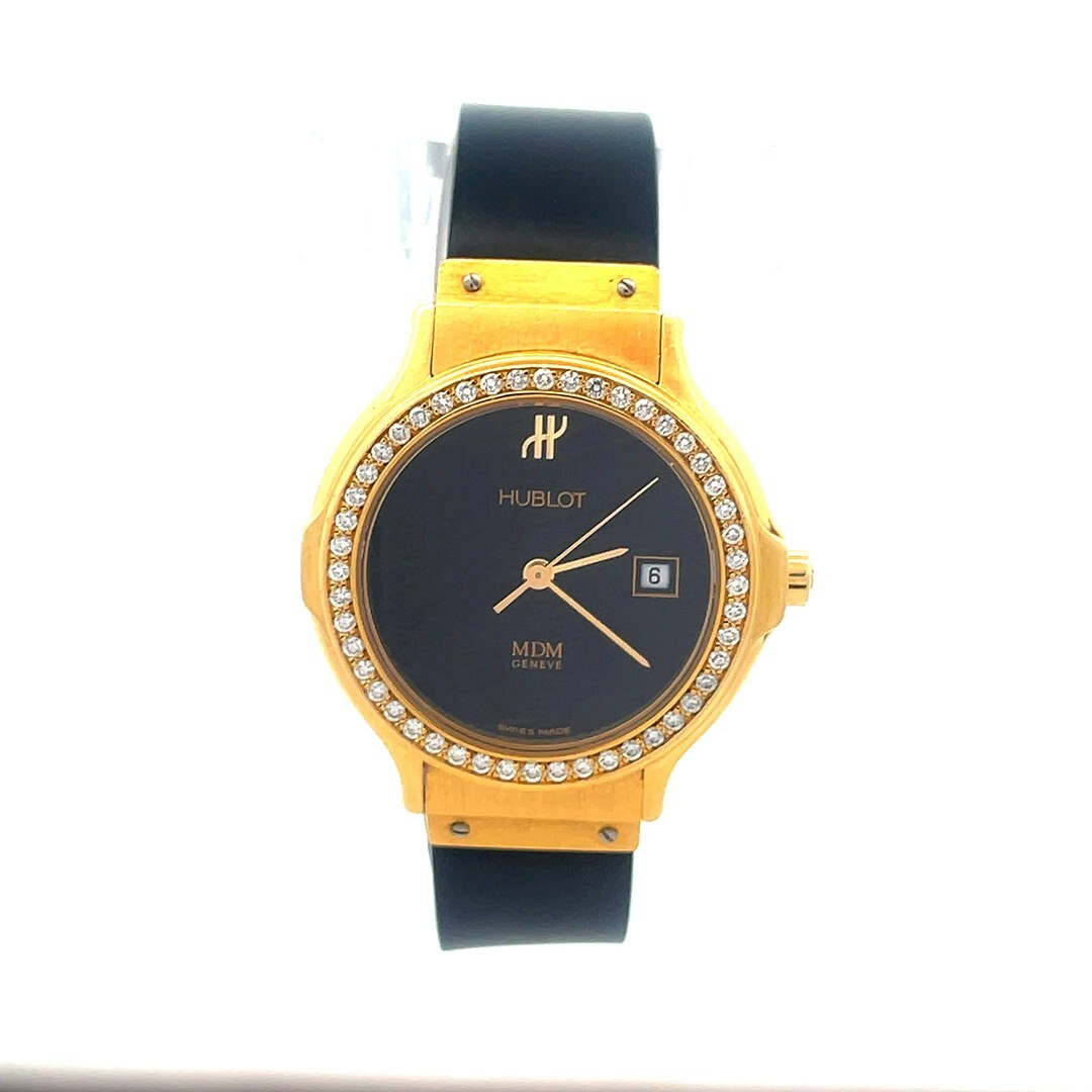 Hublot MDM Gold Ladies Watch 18k Yellow Diamond Bezel Date Rubber Band 28mm