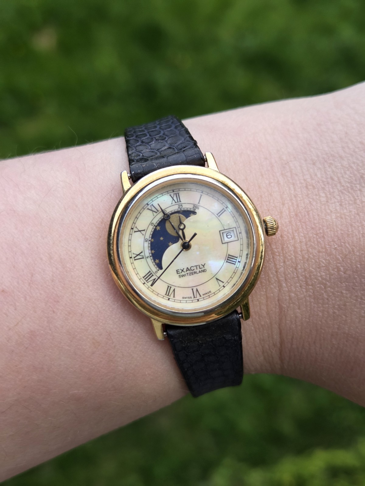Vintage Swiss Made Exactly Moon Watch Gold Tone Spiedel Celestial Whimsy Goth