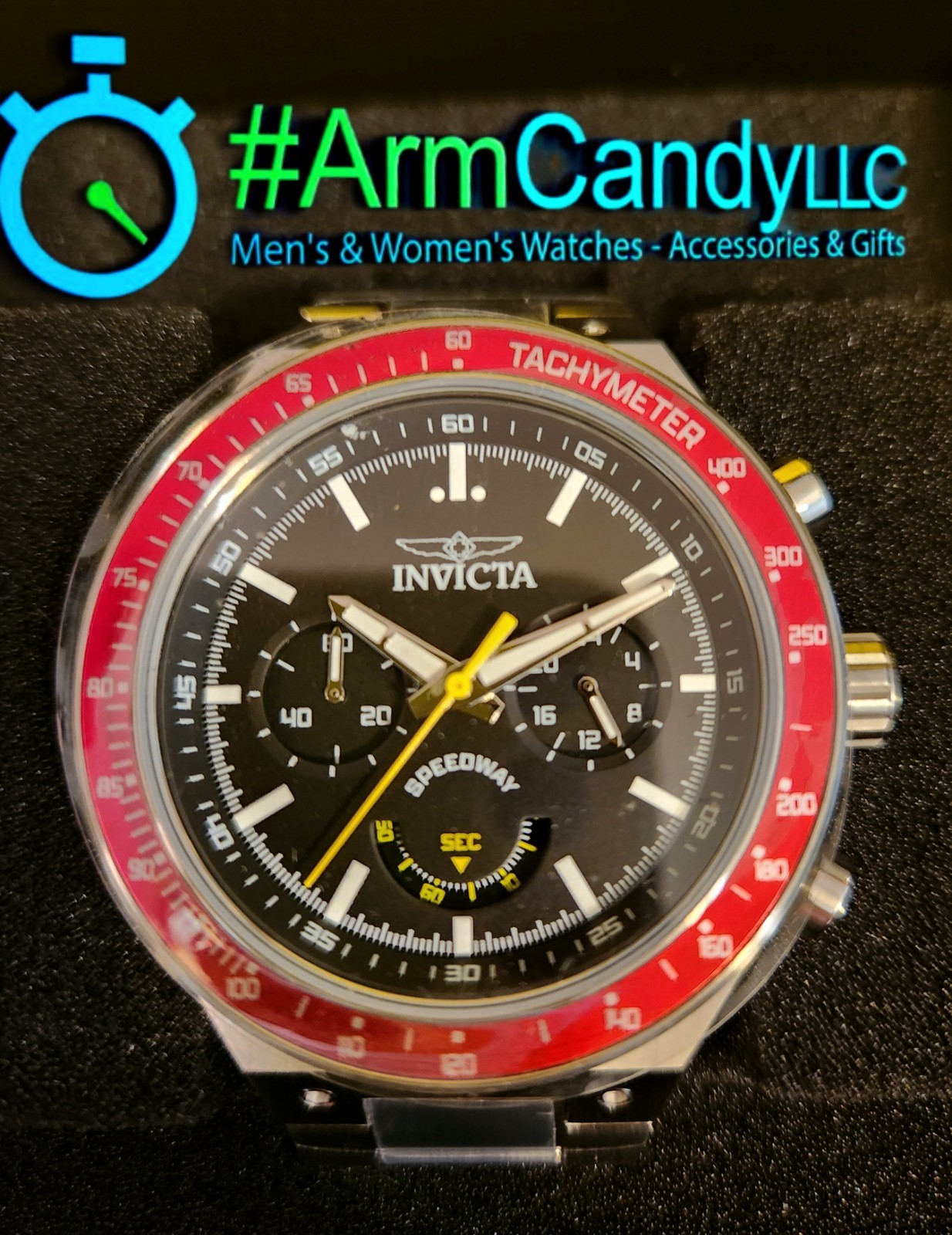 New Invicta Speedway Silver Bullet 49381 Black Dial Red Bezel & Silver Bracelet