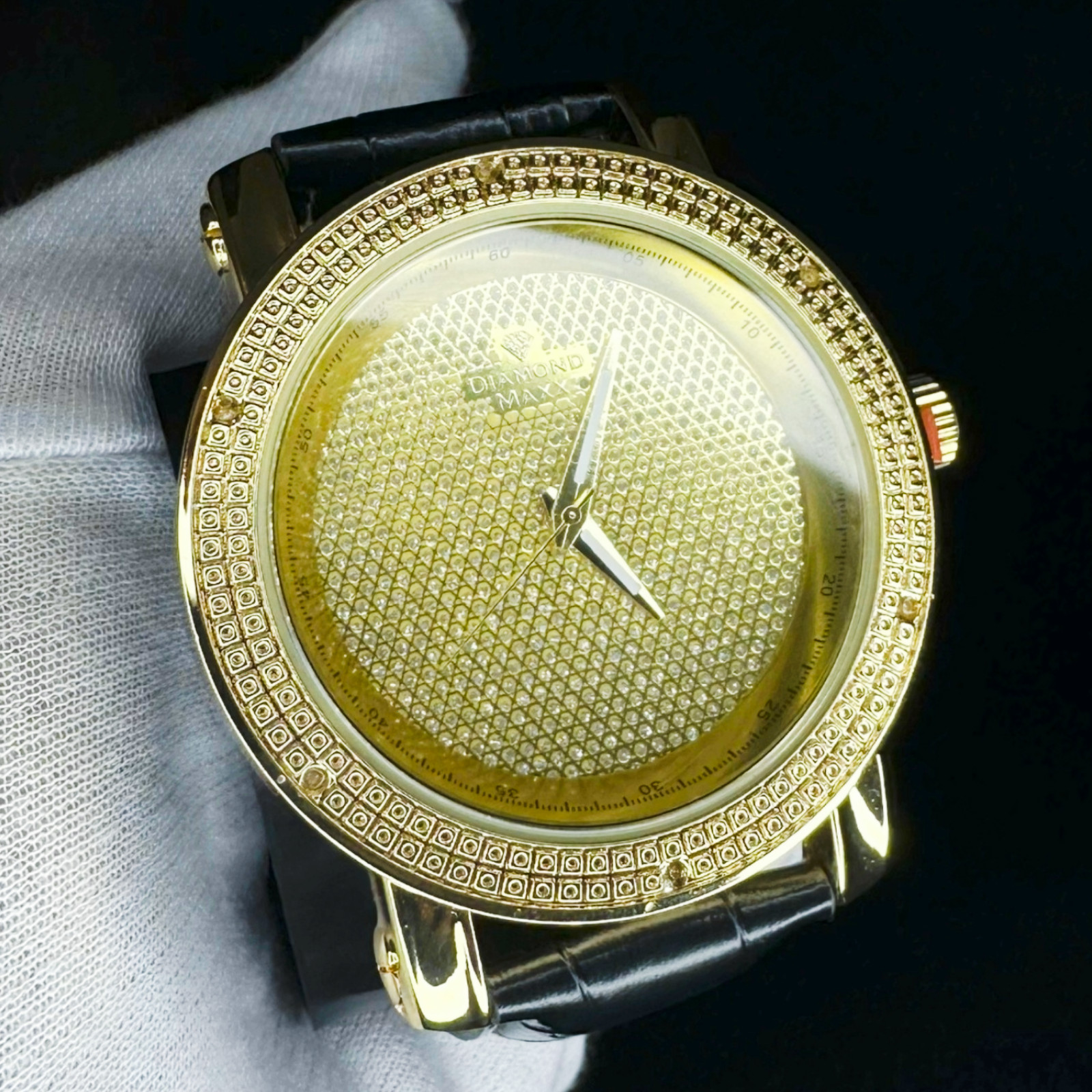 Luxury Gold Tone Men’s Diamond Watch, 18K Micron Finish ,Japan Movement Leather
