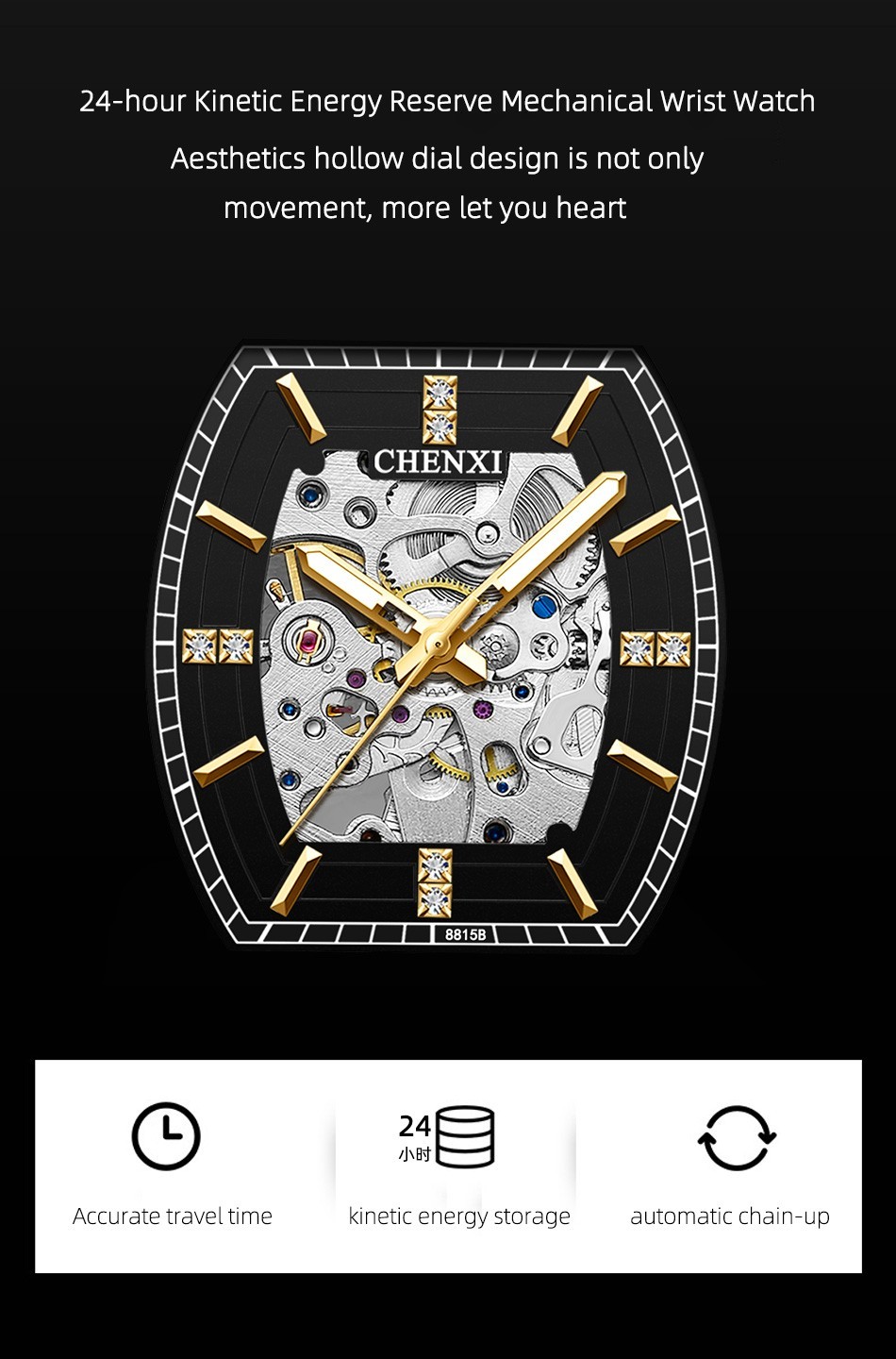 CHENXI Men’s Gold Steel Hollow Out Luminous Business Automatic Mechanical Watch