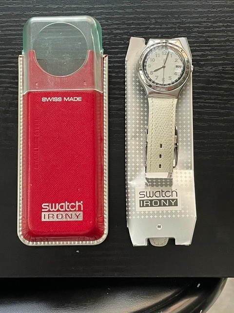 Vintage Swatch Irony Stainless Steel Swiss Made White Leather Strap Men’s Watch