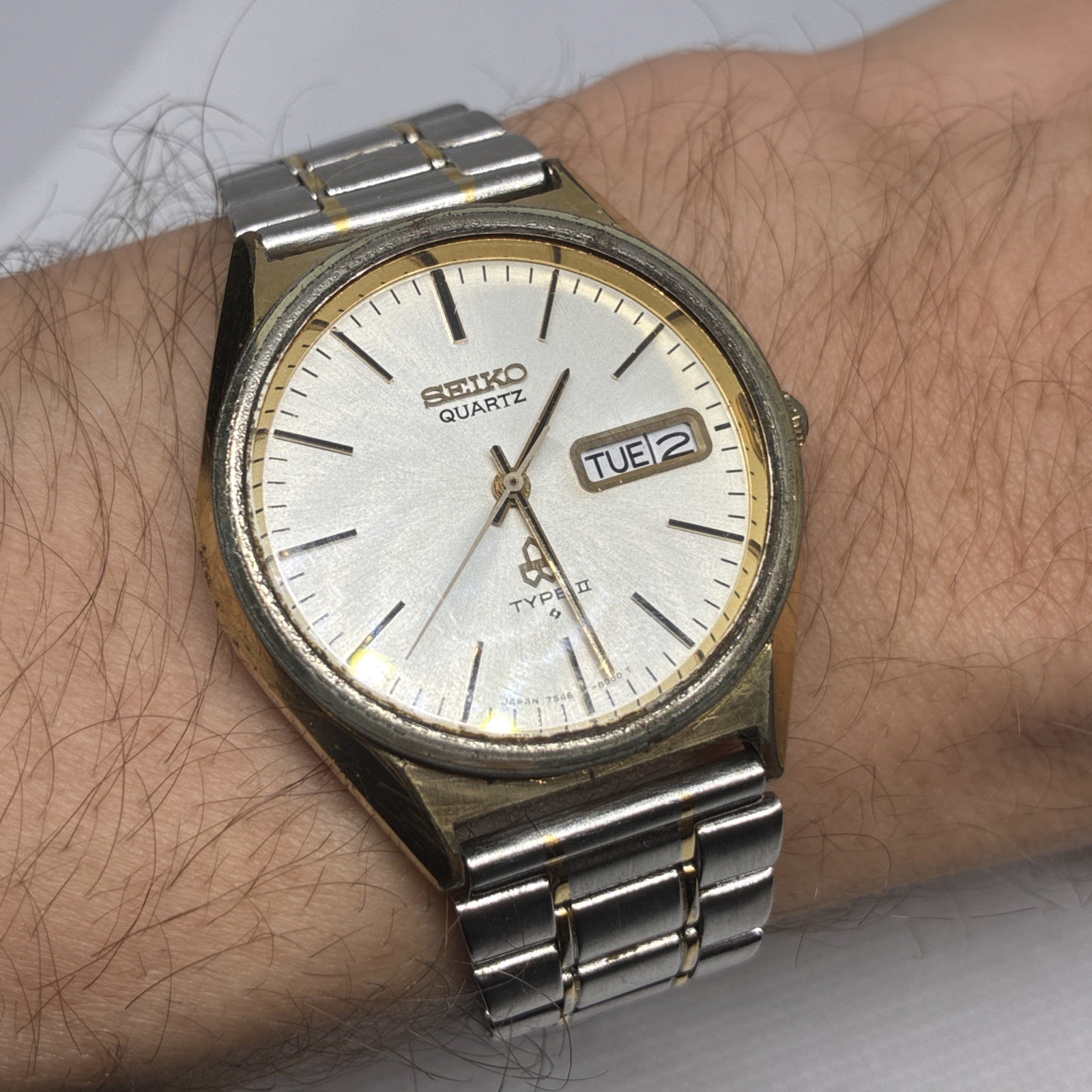 Seiko Type II Watch Men 35mm Silver Dial Gold Tone Daydate 7546-8000 Running!
