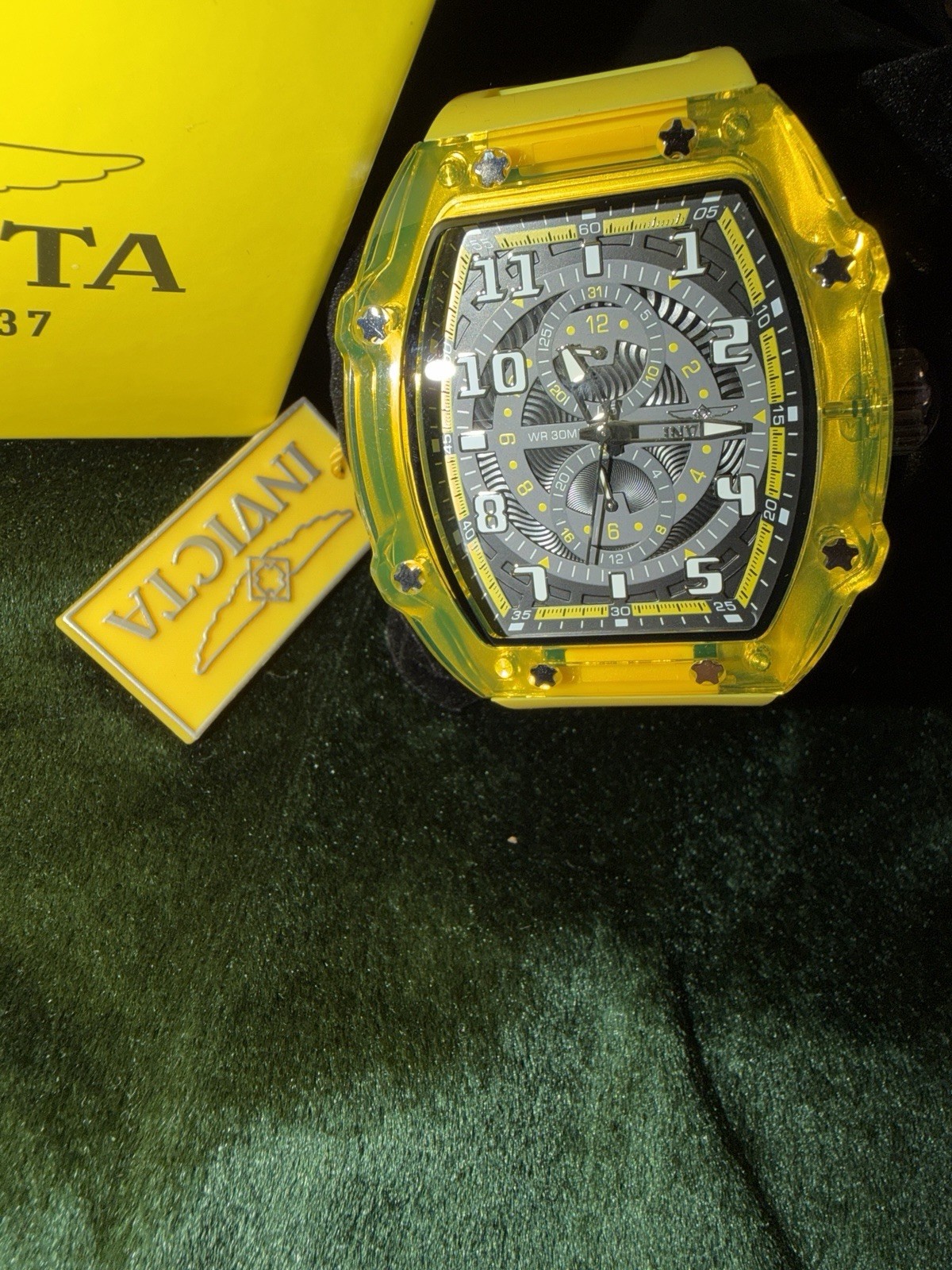 Invicta Bolt Quartz Chronograph Yellow Silicone Strap 52mm 30m Watch w/ Box