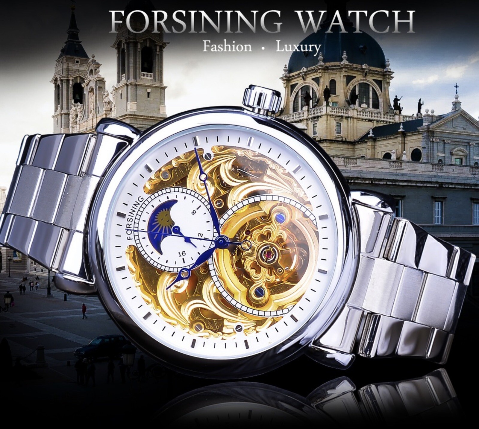 ￼Forsining Men’s Automatic Self Winding Moon Dial Self Winding Business Watch