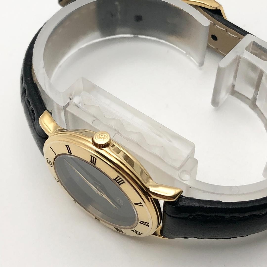GUCCI 3000L Round Watch Gold Black Dial Quartz New Leather Band Vintage From JP