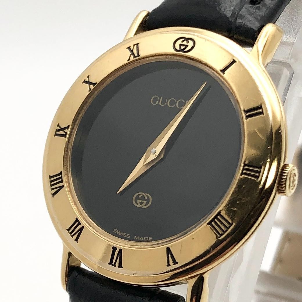 GUCCI 3000L Round Watch Gold Black Dial Quartz New Leather Band Vintage From JP