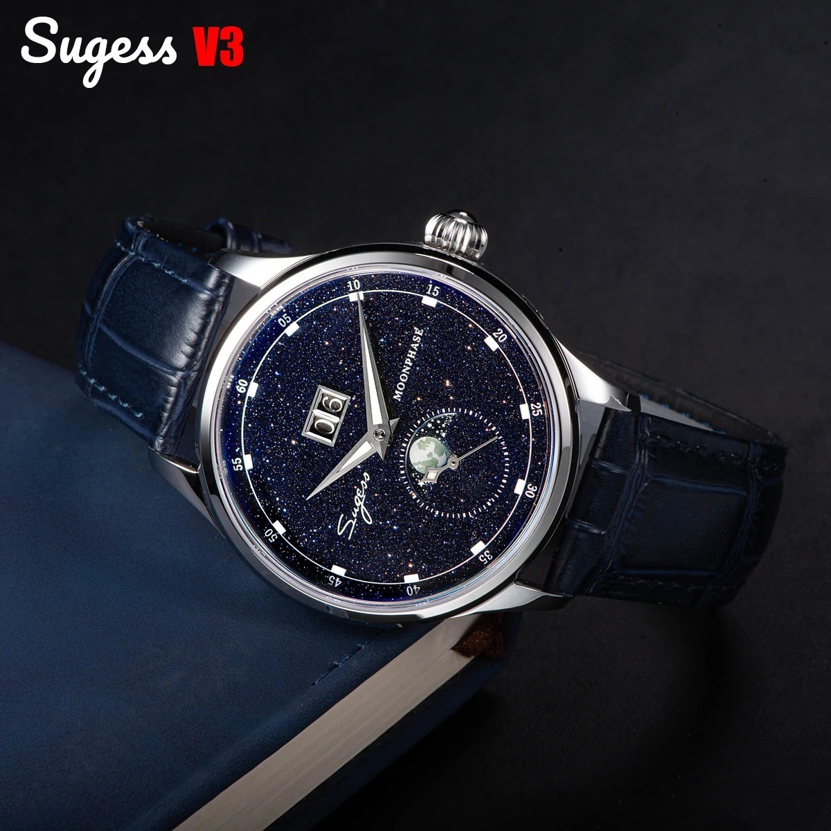 Sugess Moonphase Watch of Men 40mm Automatic Mechanical Wristwatches Origin ST25