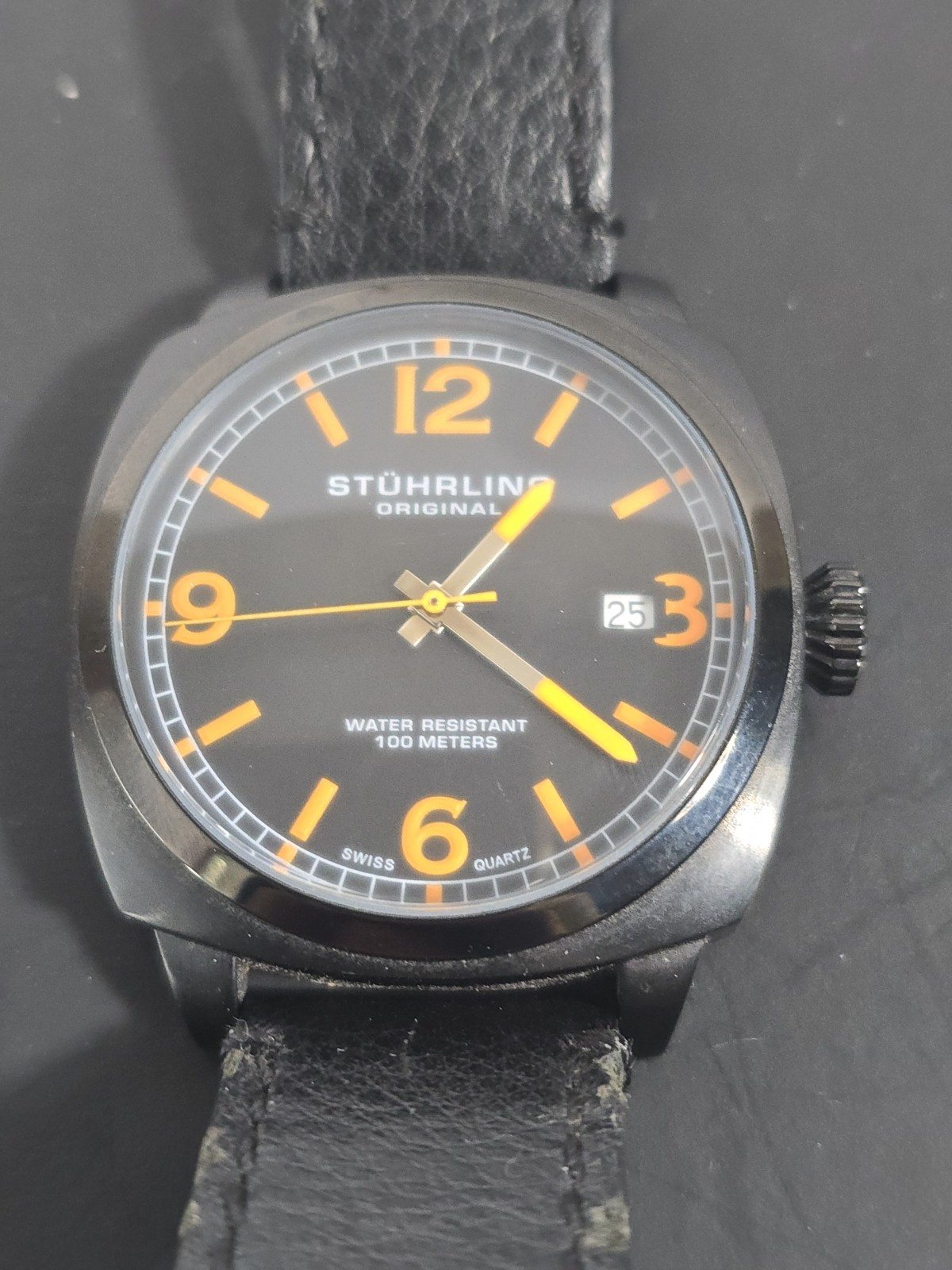 Stührling Original Swiss Quartz Watch Black And Orange Leather Band