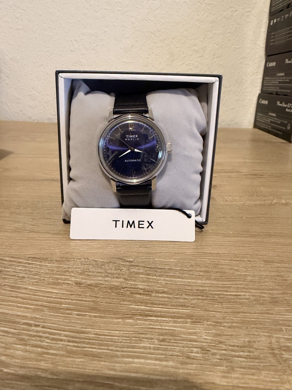 New Timex TW2W93100 Men’s Marlin Blue Dial Automatic Black Leather Strap Watch