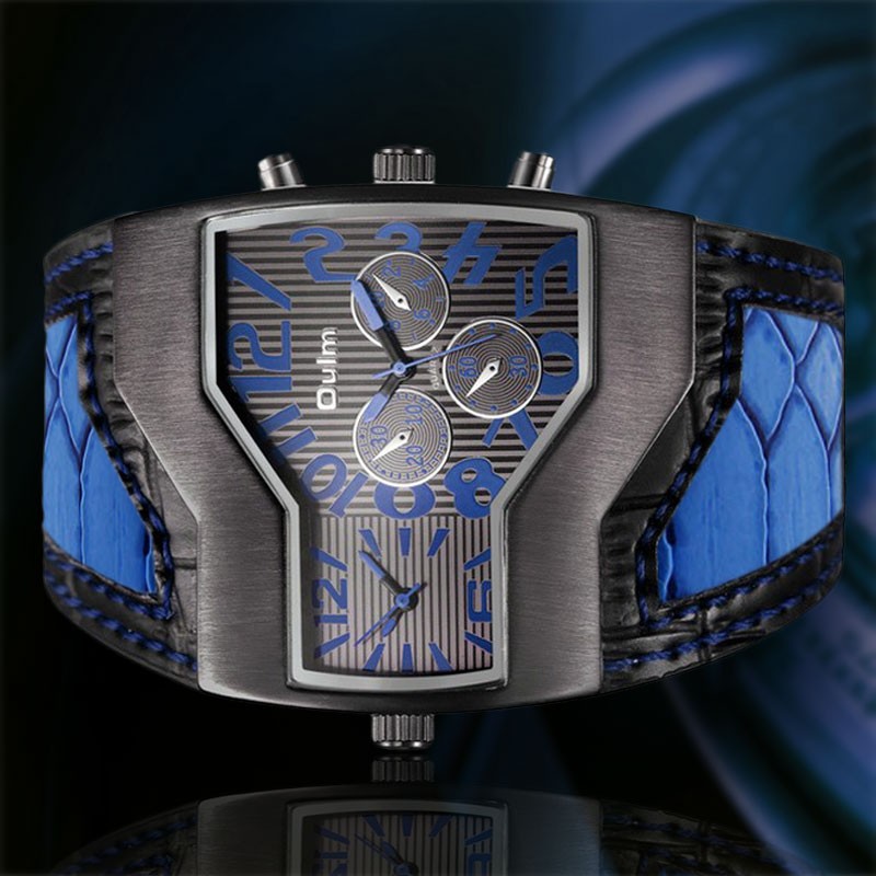 Oulm Dual Time Zone Men’s Quartz Wrist Watch Blue Leather Band Steampunk Casual