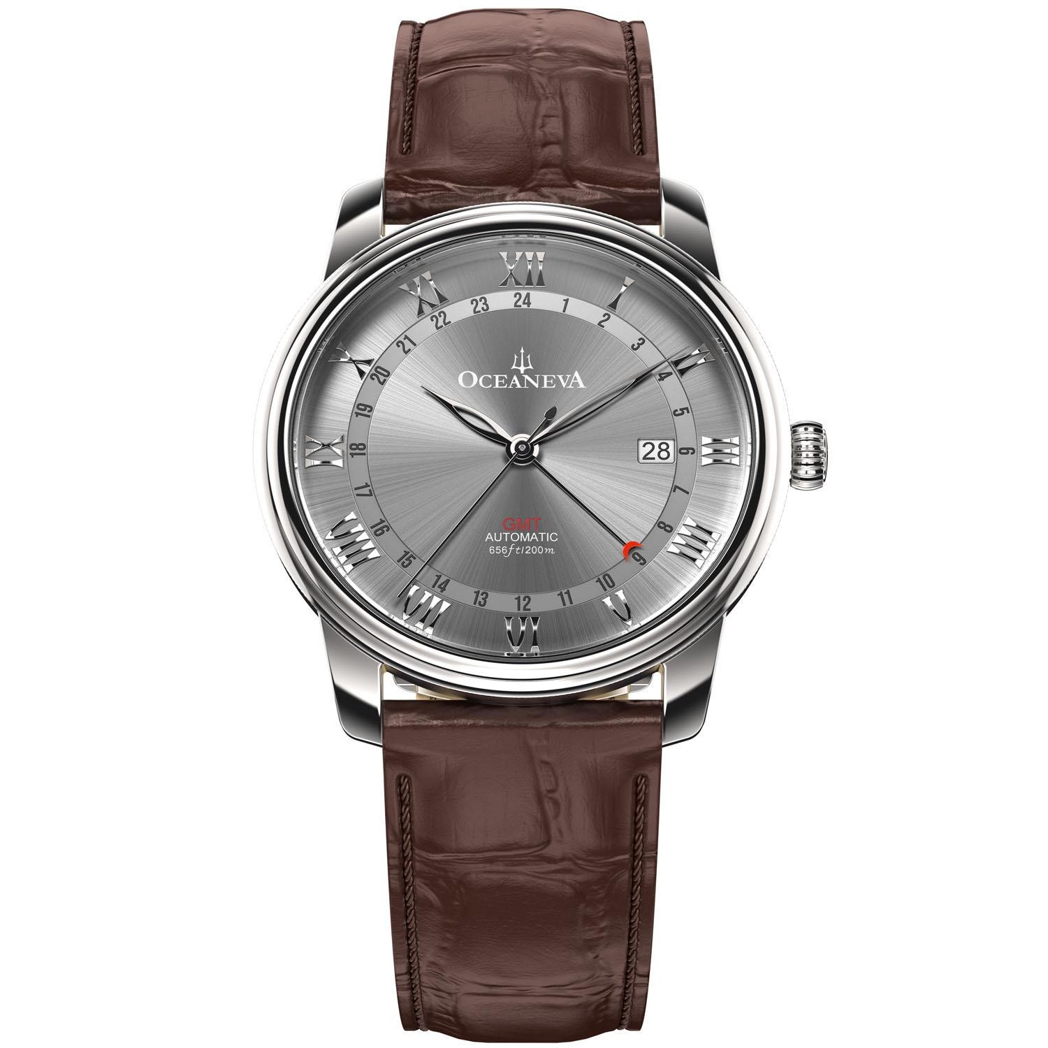 Oceaneva OceanTrek GMT Automatic Leather Gray Watch – OTGRY200M34NH-Brown Strap