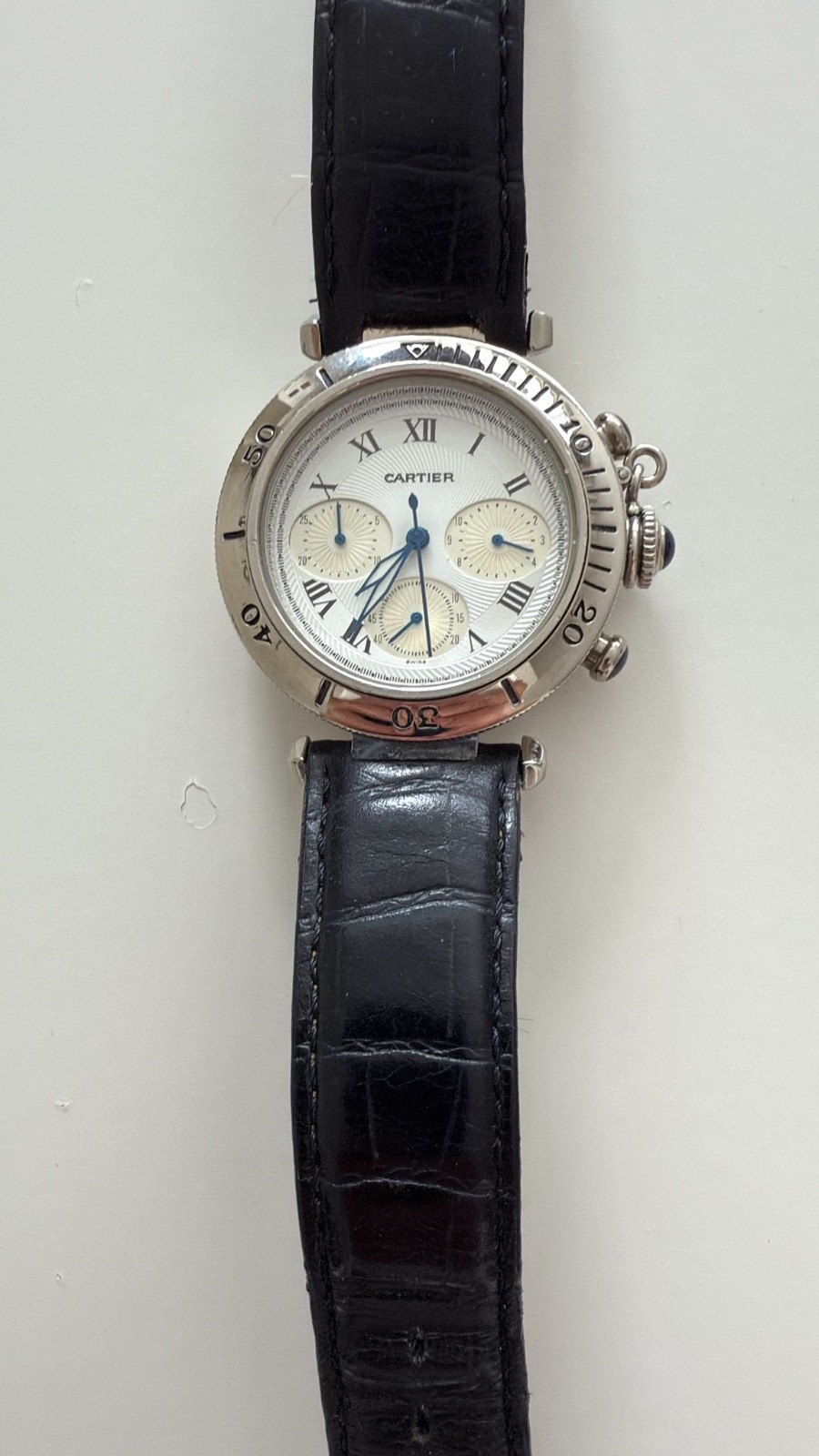 CARTIER Pasha 38mm Chronograph White Dial Leather Mens Watch