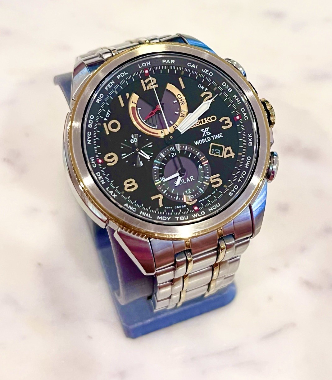 Seiko Men’s Solar World Time Two Tone Stainless Steel & Gold Watch V195-0AD0