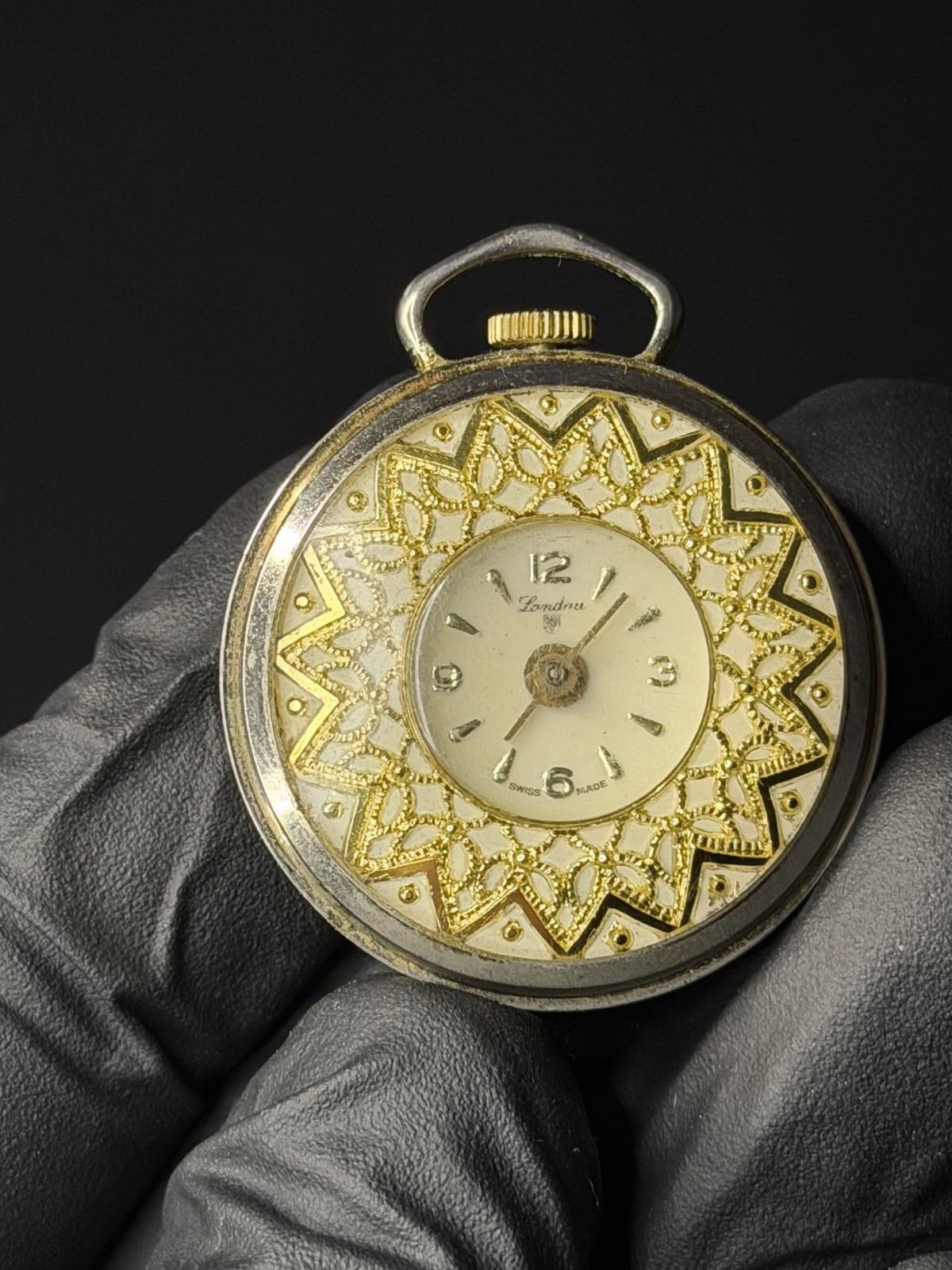 Vintage Landau Swiss Gold Tone Engraved Pendant Watch Swiss Made