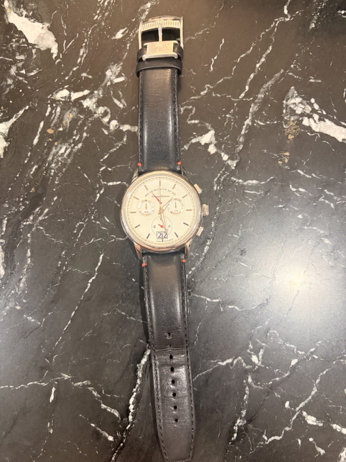 Tommy Bahama Men’s Multifunction Watch Black Leather Strap – Needs Battery