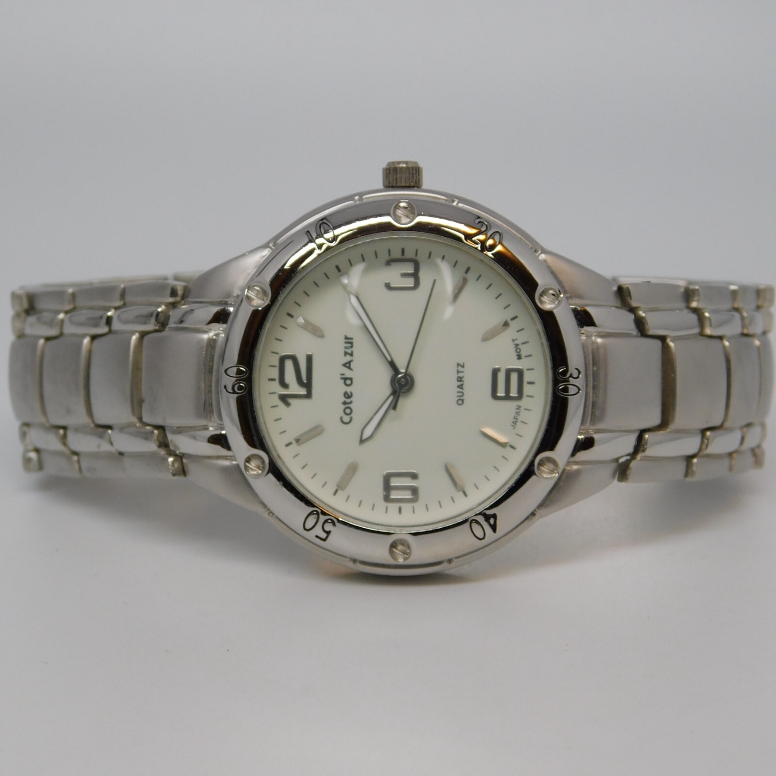Cote d’Azur Silver Tone Quartz Analog Men’s Watch Sz. 7 1/4″ New Battery