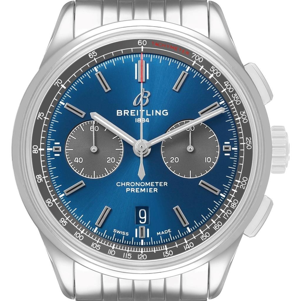 Breitling Premier B01 Chronograph 42 Blue Dial Steel Mens Watch AB0118 Box Card