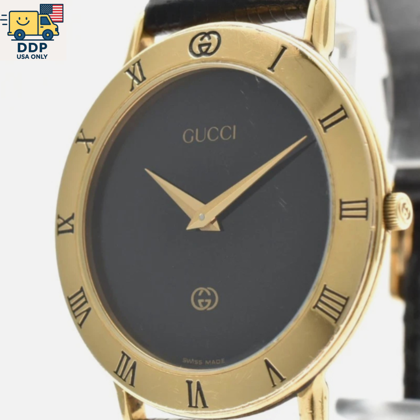 GUCCI 3000M Vintage Men’s Quartz Watch Gold Case Black Dial Swiss Made [Exc+5]