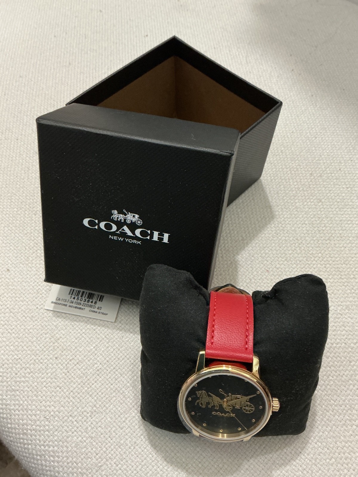 Coach Grand Black Dial Carriage Design Red Leather Strap Womens Watch nwt