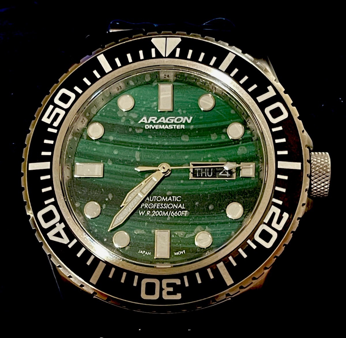 Aragon A725MAL DM Tungsten Malachite Dial 50mm