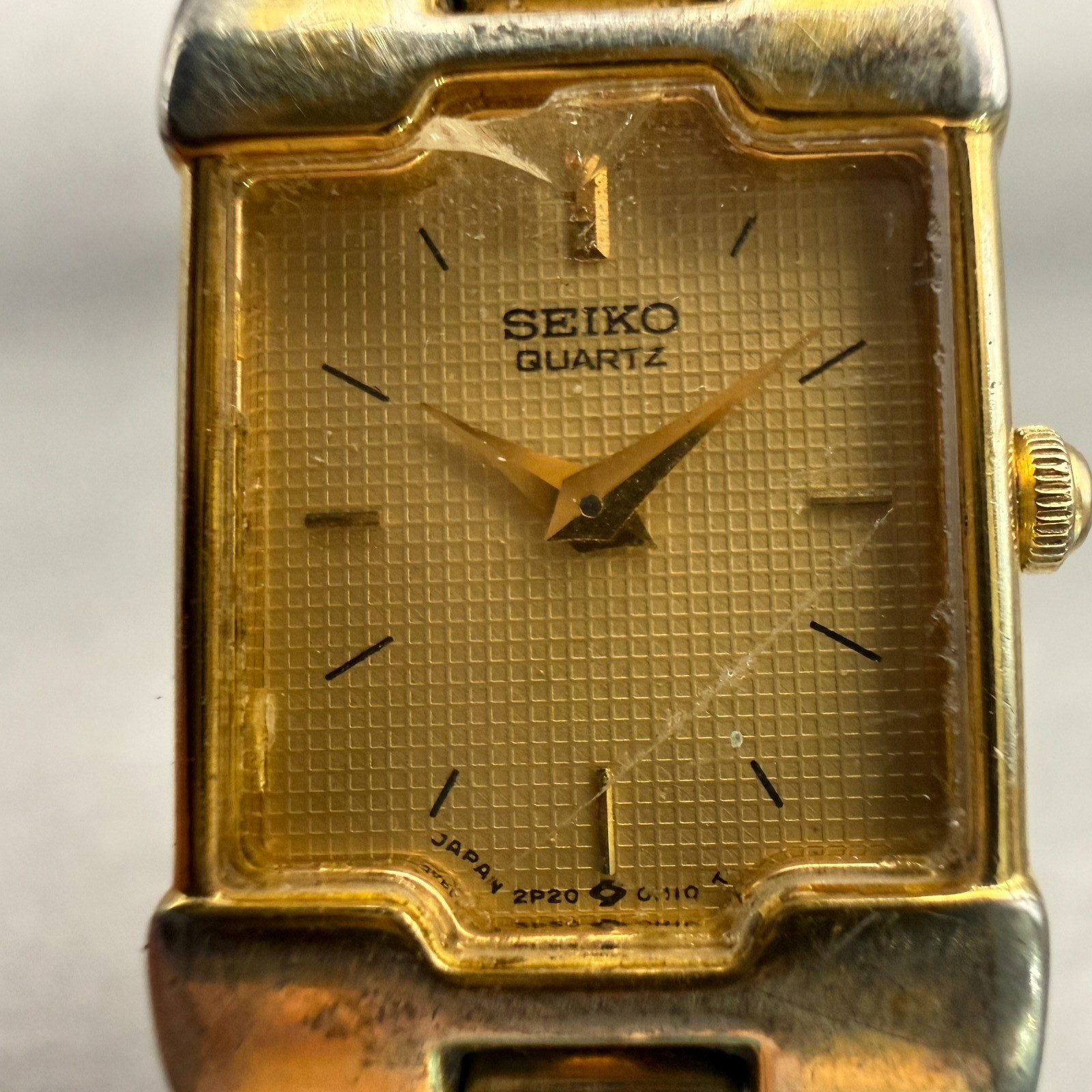 Seiko Watch Women 17mm Gold Dial Gold Tone Rectangle 2P20-5E60 New Battery VTG
