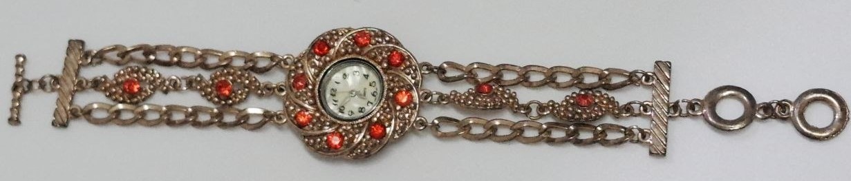 Vintage Look Women’s Fashion Watch, Red Rhinestones, Bracelet Band, Quartz Batte