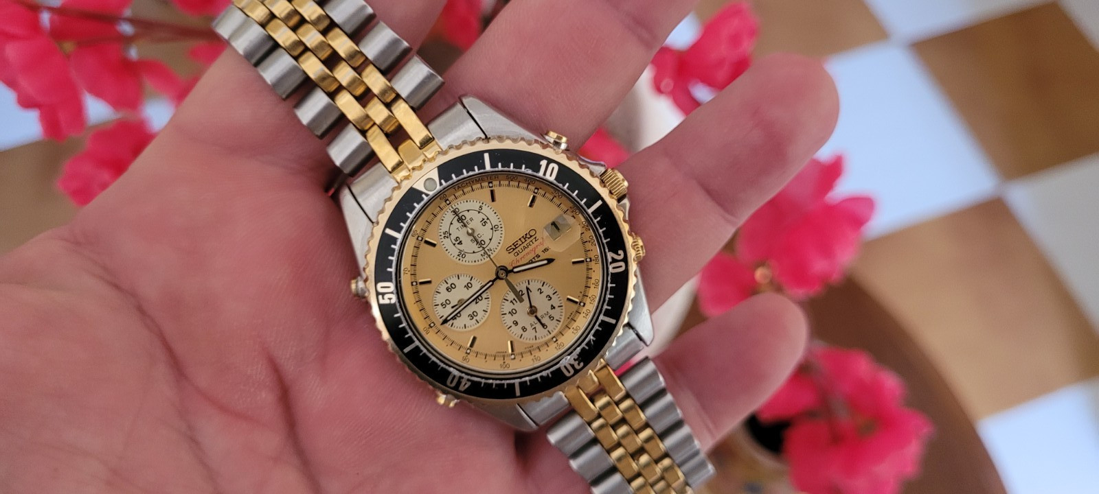 SEIKO 7T42-6A50 SPORTS 150 DIVER GOLD SIL DIAL DEPLOYMENT CHRONO WATCH working