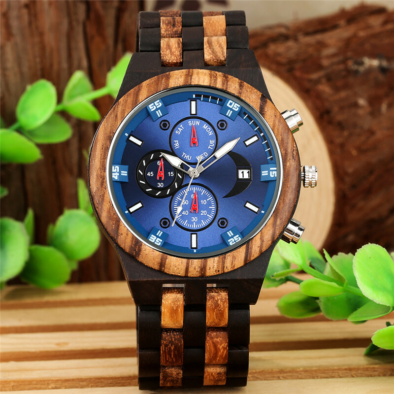 Luxury Natural Wood Watch Men’s Date Quartz Wristwatch Adjustable Wooden Strap