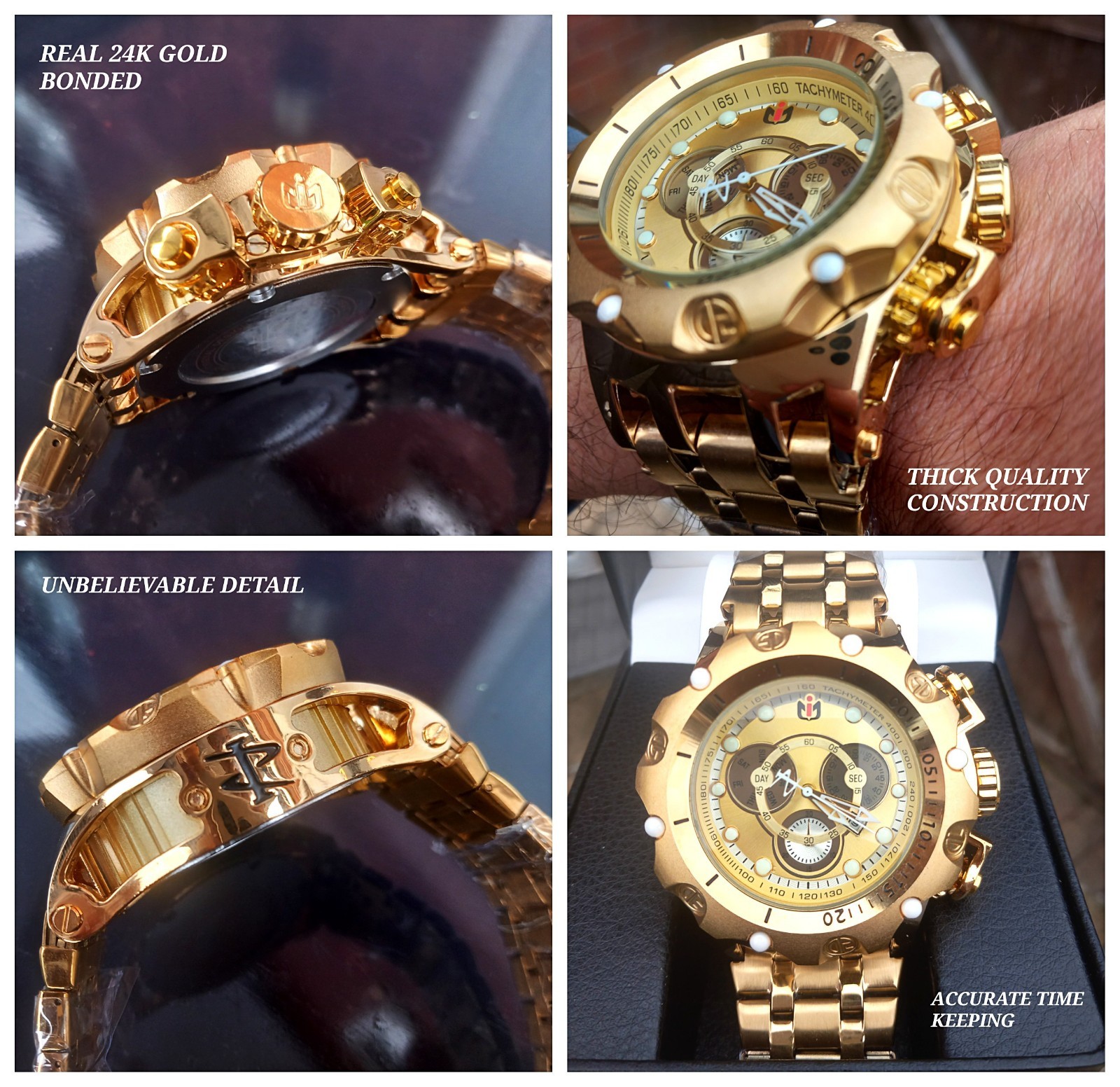 ALPHA MENS HEAVY REAL 24K GOLD 51.7mm Watch UE7H66623-GOLD1-OS GOLD FACE NEW